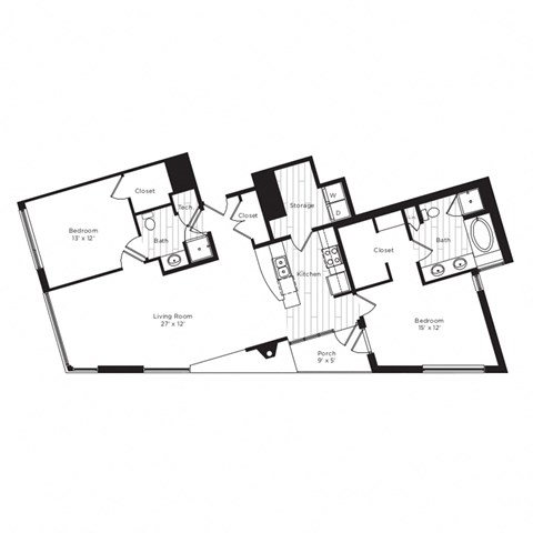 Floor plan for 2 beds, 2 baths, 1374 sqft